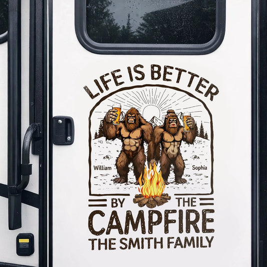 Personalized Sticker Decal Life Is Better by the Campfire Bigfoot Couple for RVs and Campers - Unique Gift