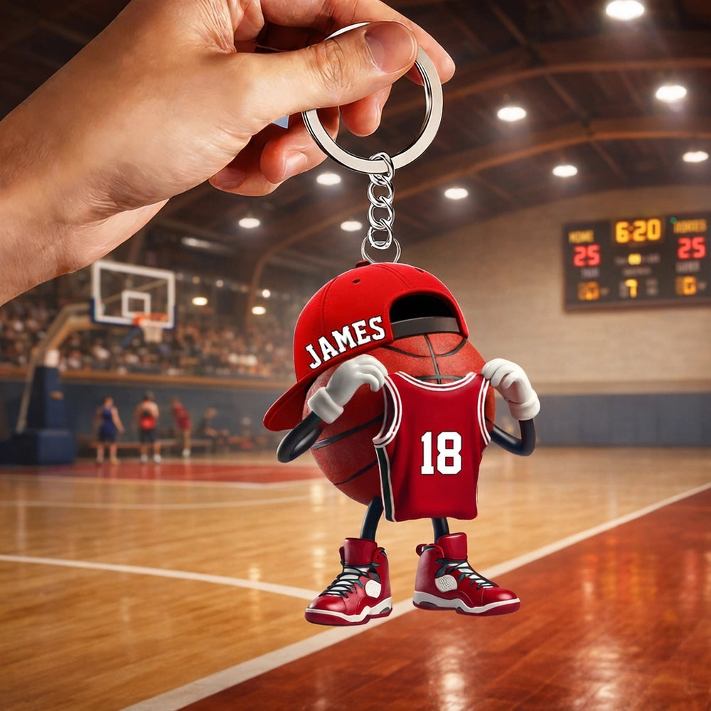 Personalized Basketball Character Acrylic Keychain on Outdoor Court - Unique Custom Gift for Basketball Fans