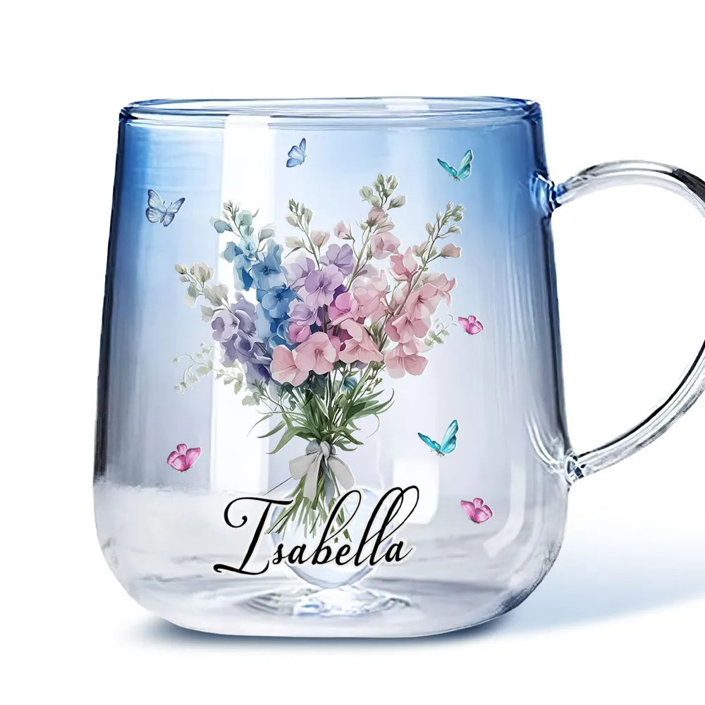 Blue Gradient Glass Mug with Floral Bouquet and Butterflies, Personalized Name Gift for Her, Everyday Coffee or Tea
