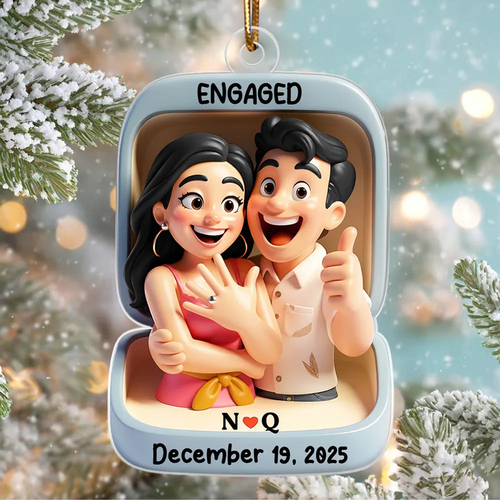 Acrylic Ornament With Engaged Couple Illustration Personalized Holiday Keepsake A Sweet Unique Gift For Couples