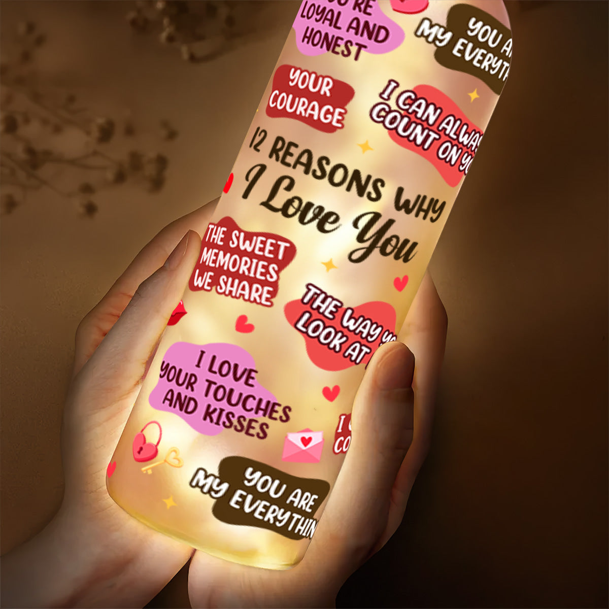 Personalized Bottle Lamp with 12 Reasons I Love You, Soft Warm Glow Bedroom Light, Unique Romantic Gift for Couples
