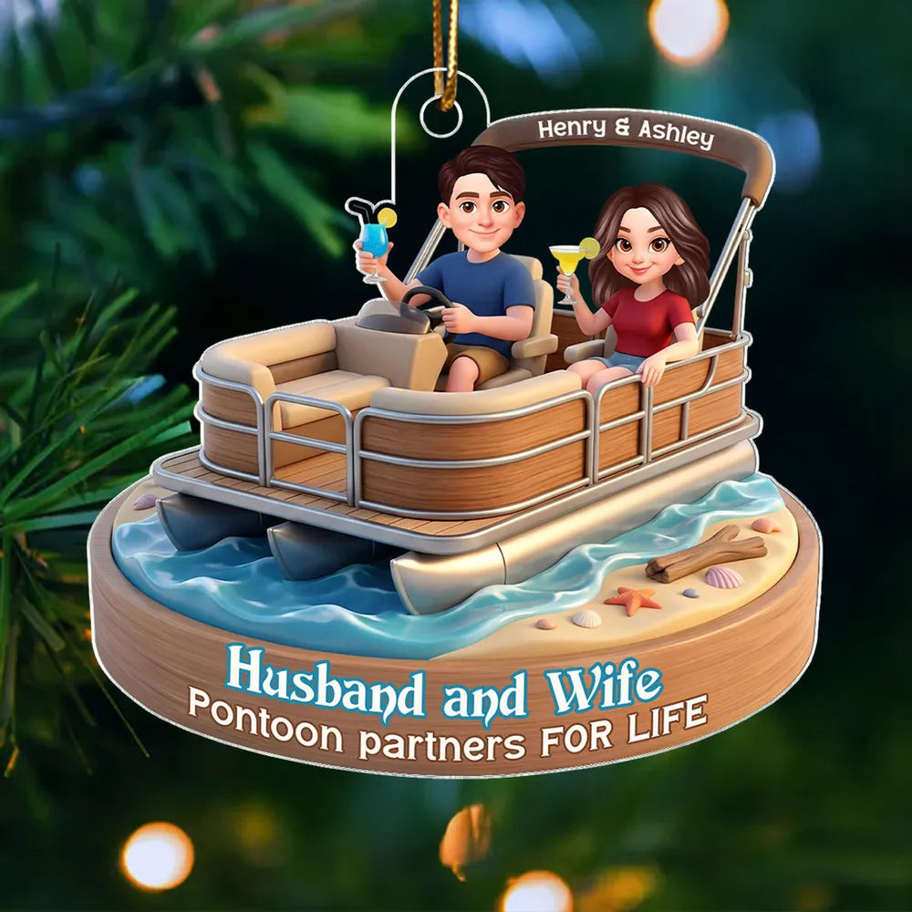 Personalized Acrylic Car Hanger Pontoon Couple Cute Cartoon Boat Decor, Unique Gift for Husband & Wife