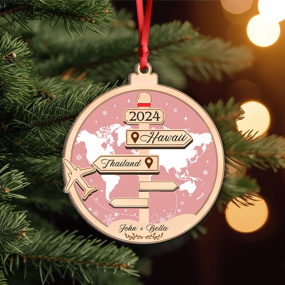 Wooden Travel-Themed Ornament – “Romantic Travel Memories” Personalized Decoration for Valentine’s and Christmas Couples’ Gift