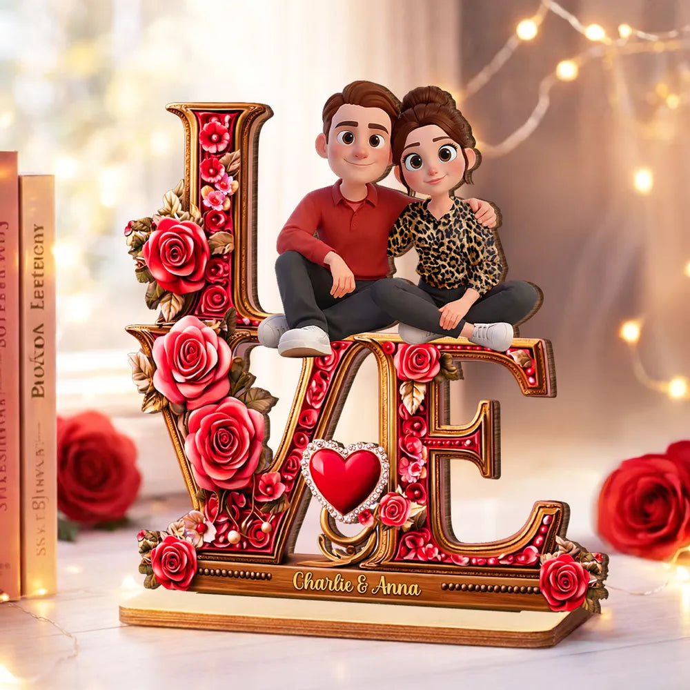 Personalized 2-Layer Wooden Plaque with Cartoon Couple Sitting on LOVE Roses - Unique Romantic Gift for Her or Him