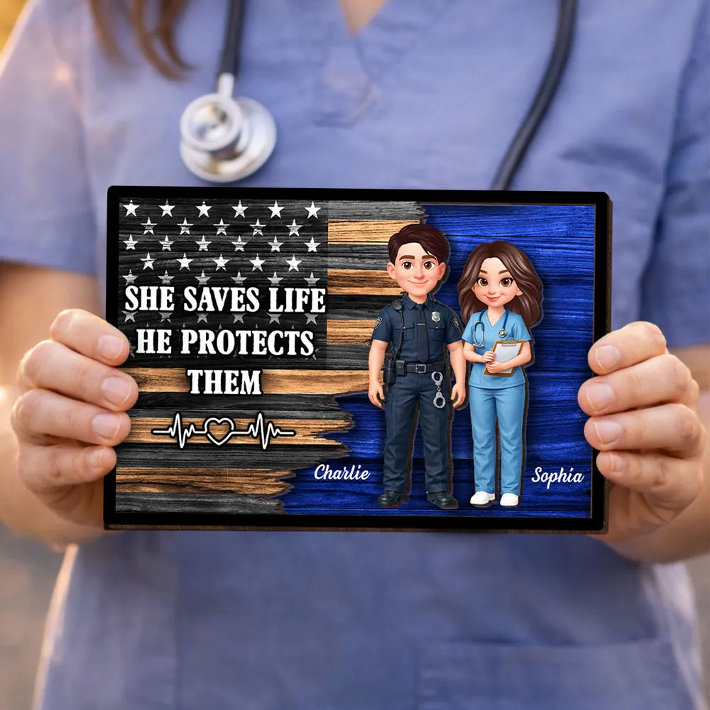Personalized 2-Layer Wooden Plaque with Cute Cartoon Police Officer & Nurse on Thin Blue Line Flag - Unique Gift for Couples