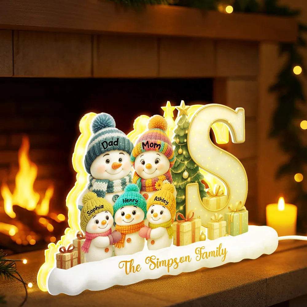Snowman Family Christmas Acrylic Light Box | Personalized Initial Display, Perfect Gift for Families