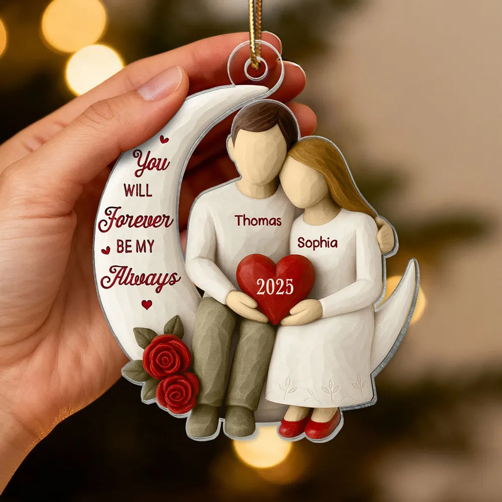 Acrylic Ornament with Crescent Moon Couple & Roses, Romantic Quote, Christmas Keepsake, Unique Gift for Couples