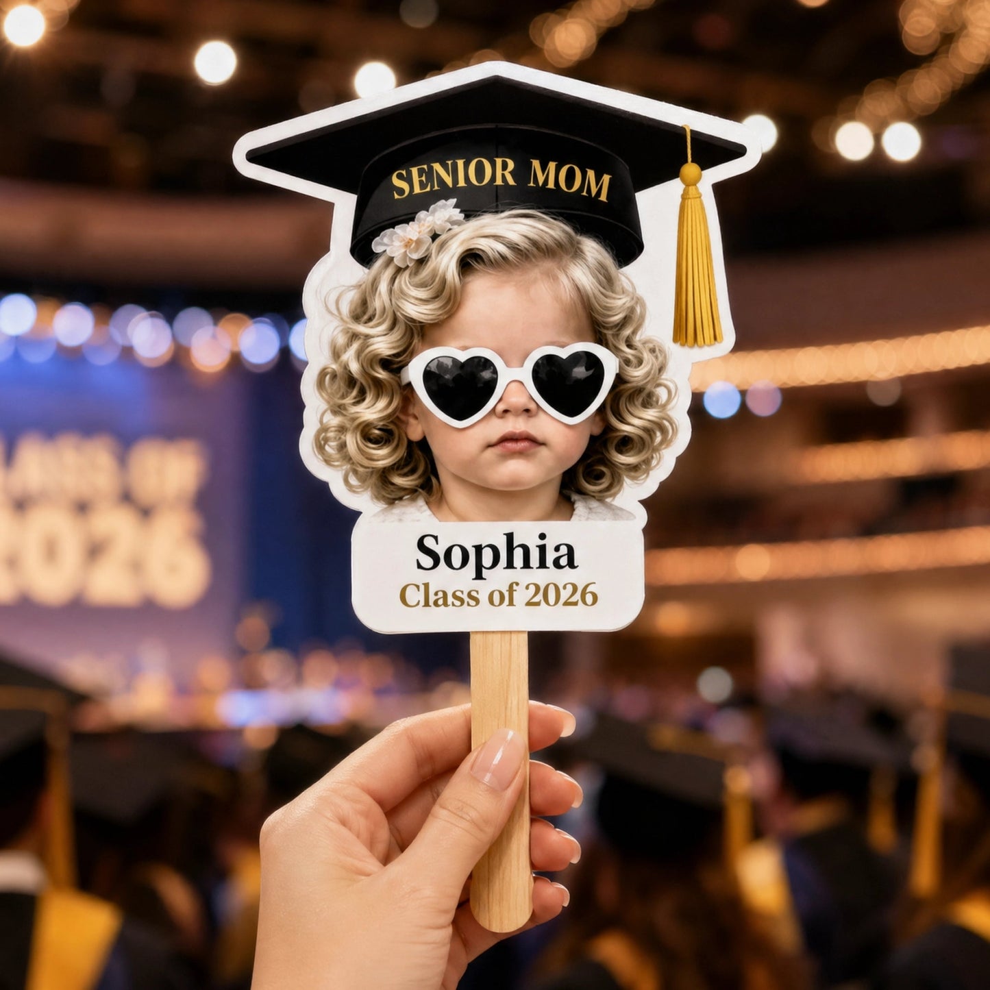 Personalized Graduation Foam Board Fan with Cap & Heart Sunglasses - Unique Congrats Gift for the Graduate