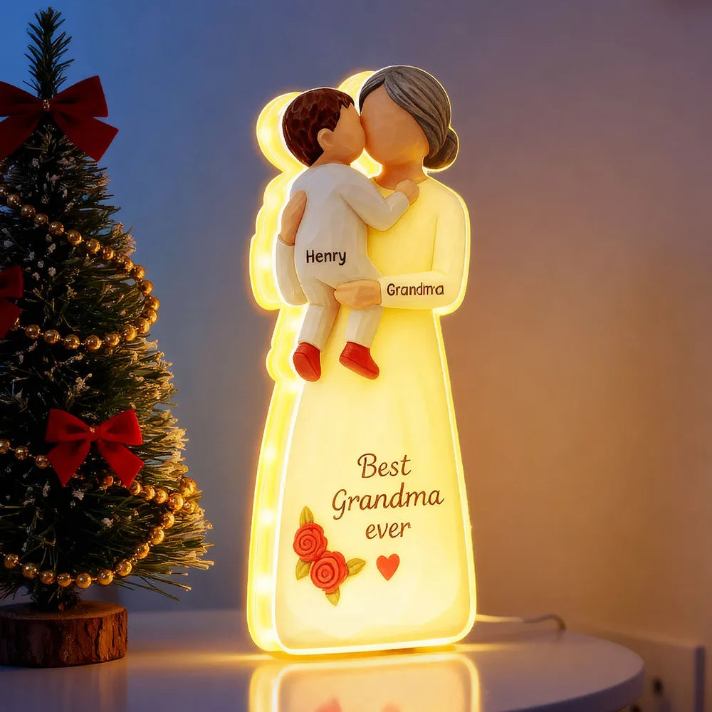 Acrylic Light Box, Hugging Grandma & Grandchild, Warm Glow for Bedroom or Shelf, a unique gift with 'I love you'
