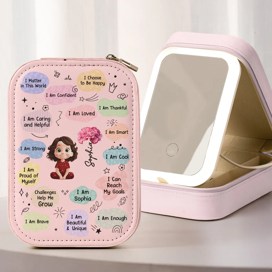 Custom LED Makeup Case with Cartoon Portrait & Positive I Am Quotes – Unique Personalized Makeup Box, Uplifting Gift for Daughter or Friend