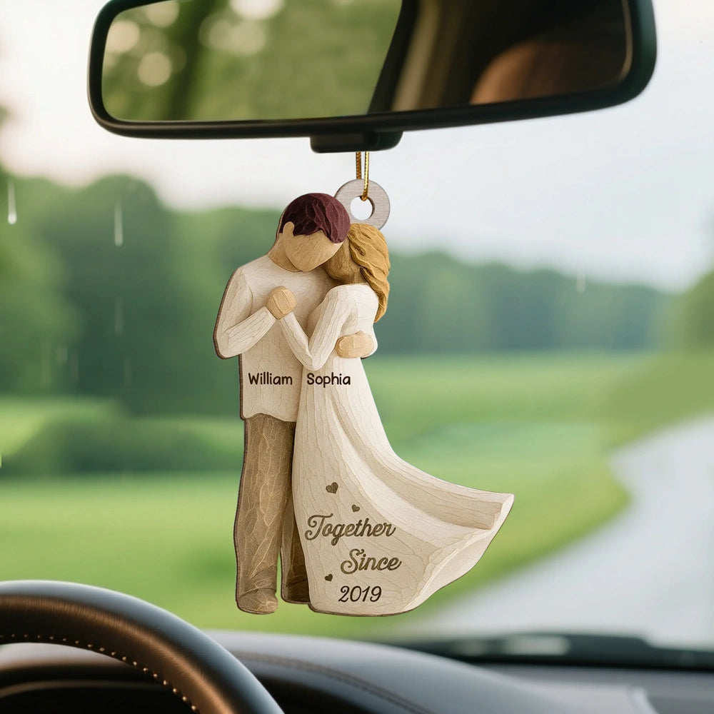 Romantic Wooden Ornament Personalized for a Couple, Sweet Hugging Design with Warm Neutrals, Unique Gift for Partner