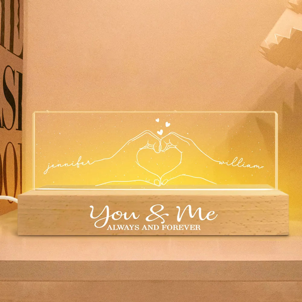 Personalized Block LED Light Plaque with Heart Hands Outline for Couple, Warm Night Light Keepsake, Unique Gift for Him or Her
