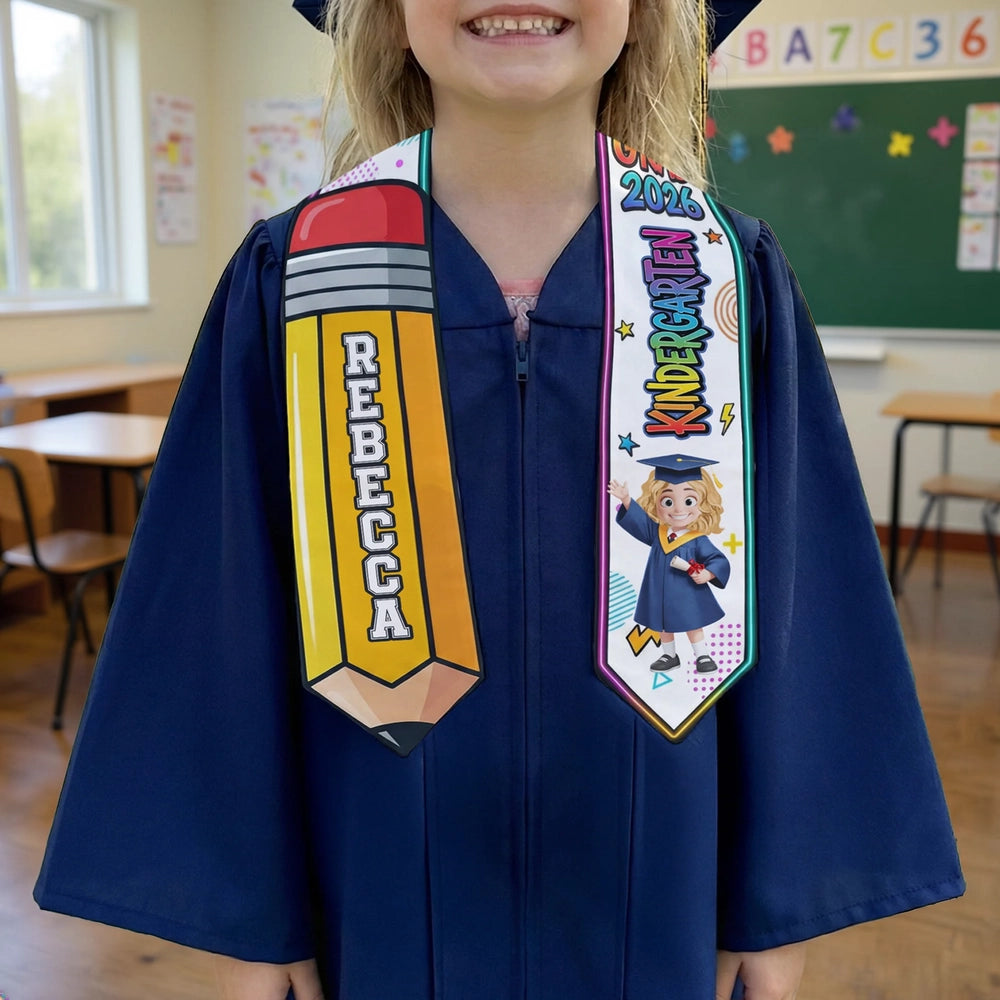 Personalized Graduation Stole for Preschool and Kindergarten, Pencil and Cartoon Grad Design, Unique Gift for Kids