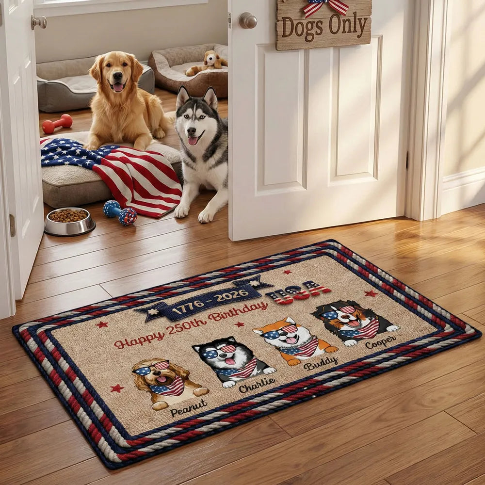 Personalized USA 250th Birthday Dog Standard Doormat for Entryway - Custom Pet Gift Idea with Patriotic Style