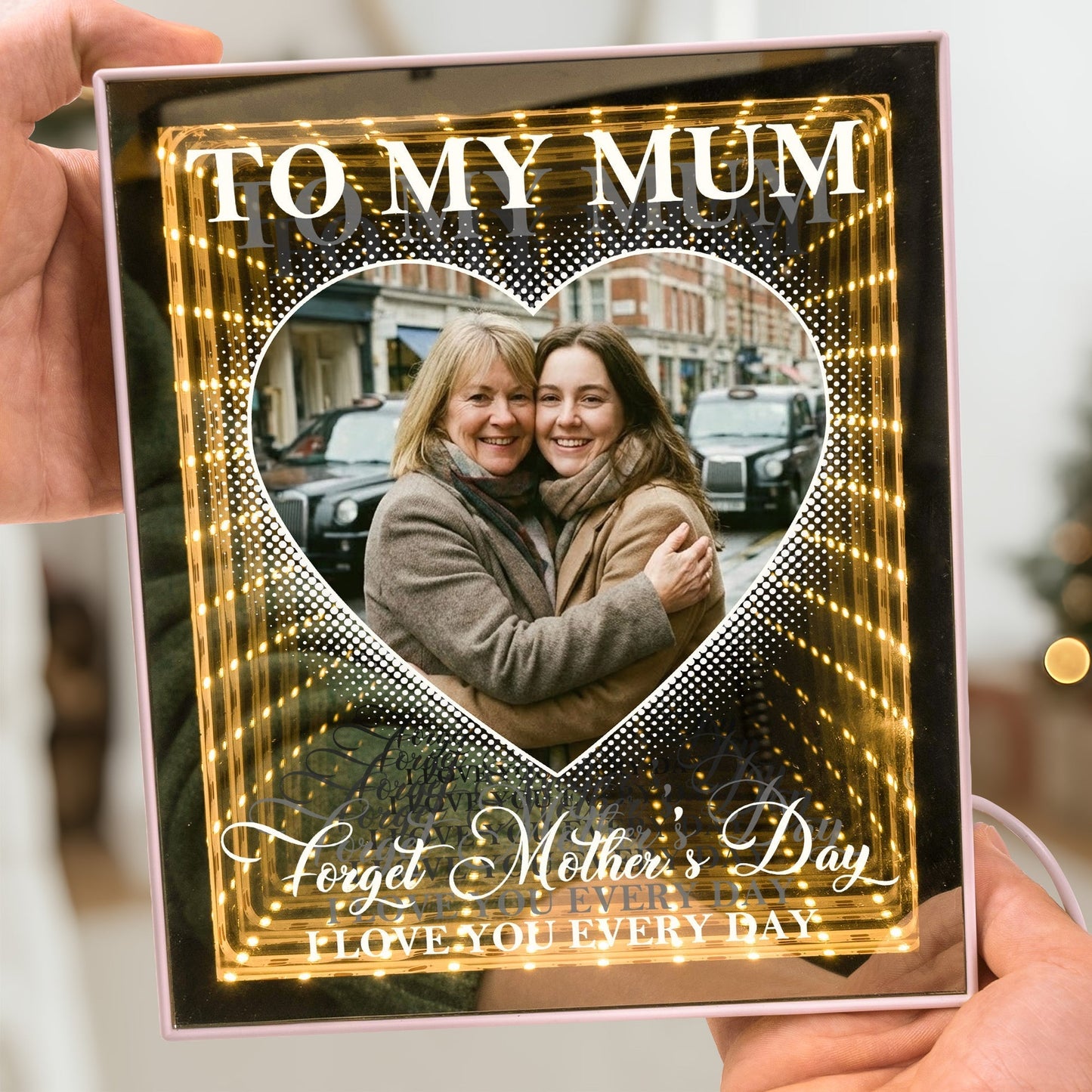 Infinity Mirror Light Box for Mom - Heart Photo Tunnel Glow, Warm Golden Lights, Unique Mother's Day Gift