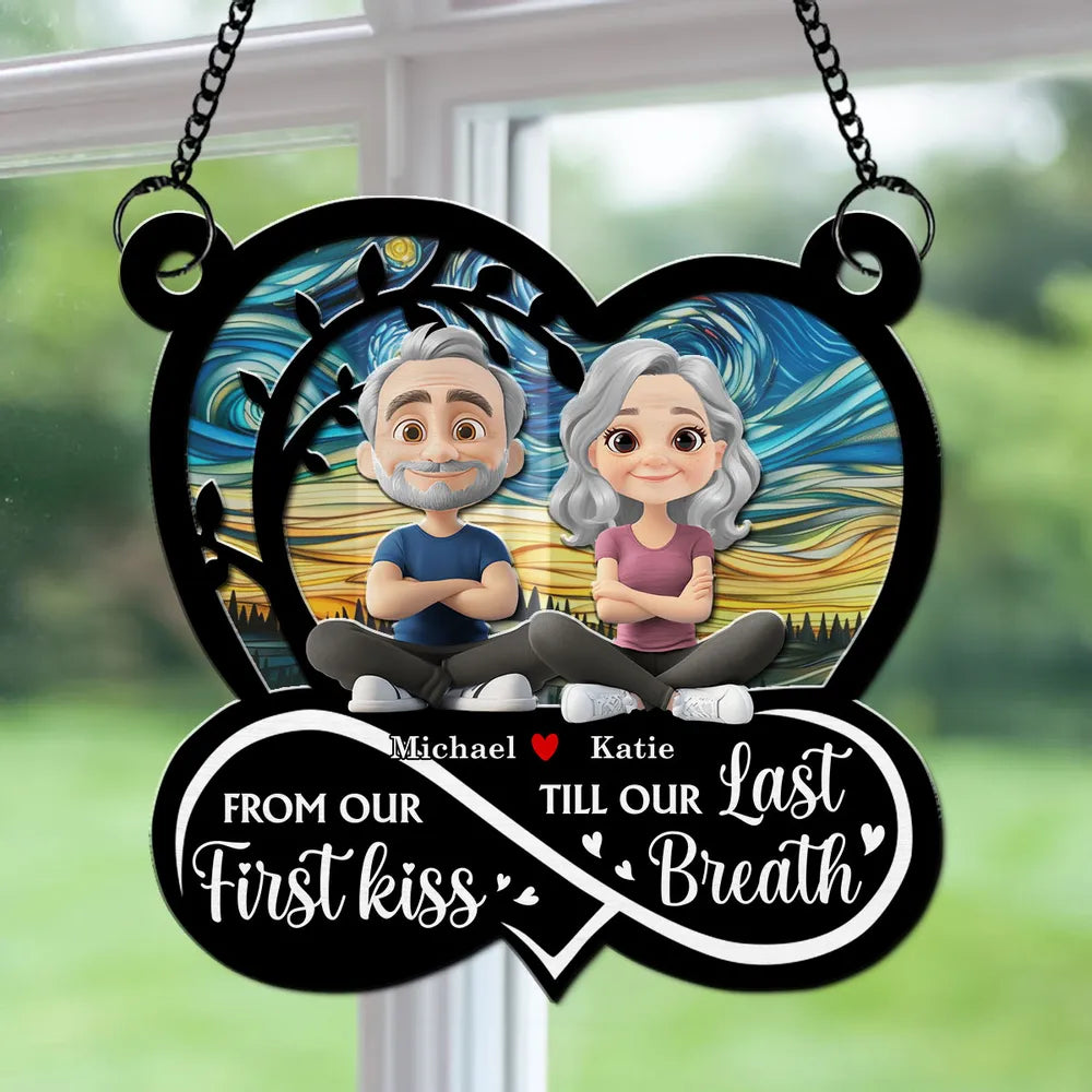 Personalized "First Kiss Till Last Breath" Couple Silhouette Heart Ornament | Custom Wood Acrylic Anniversary Gift
