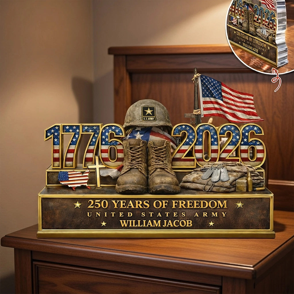 Personalized Shaped Acrylic Block Plaque with Patriotic US Army Boots & Flag Desk Decor, Unique Veteran Gift