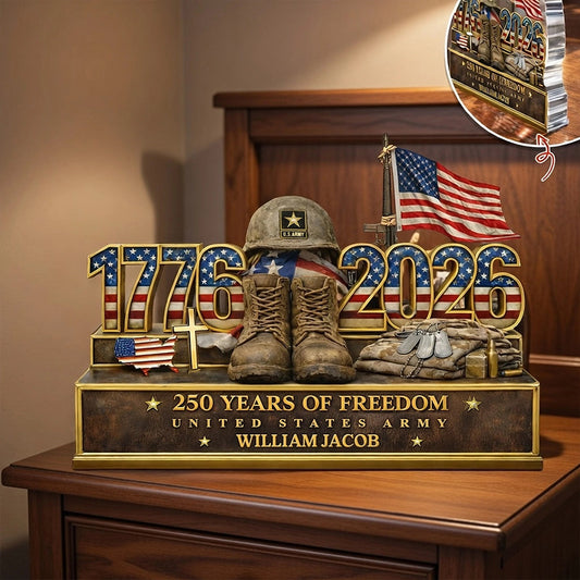 Personalized Shaped Acrylic Block Plaque with Patriotic US Army Boots & Flag Desk Decor, Unique Veteran Gift
