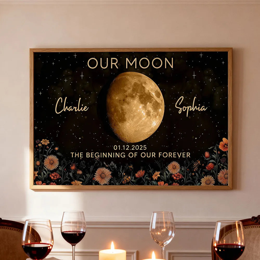 Personalized Moon Phase Poster Night Sky Floral Wall Art Unique Gift for Couple - Our Moon Keepsake Decor