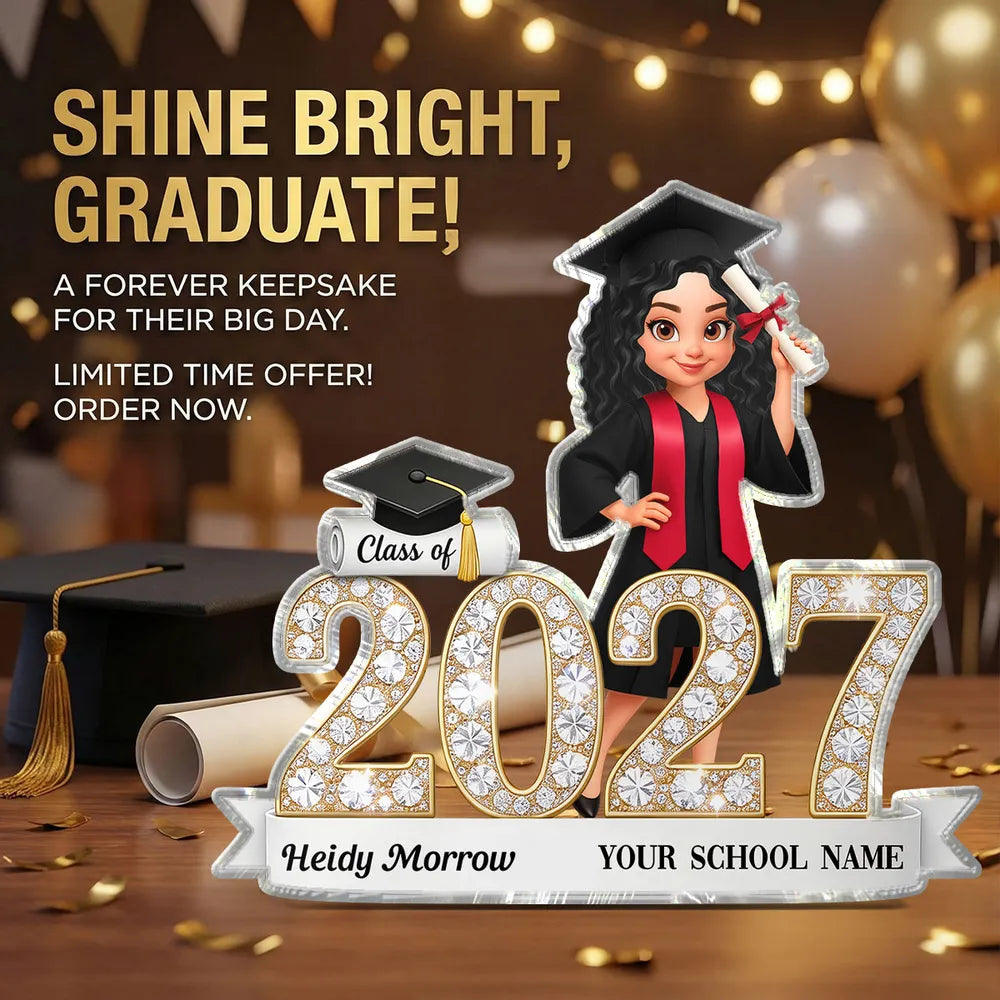 Shaped Acrylic Block Plaque Sparkly Class Of Grad Girl Holding Diploma Desk Decor - Unique Graduation Gift