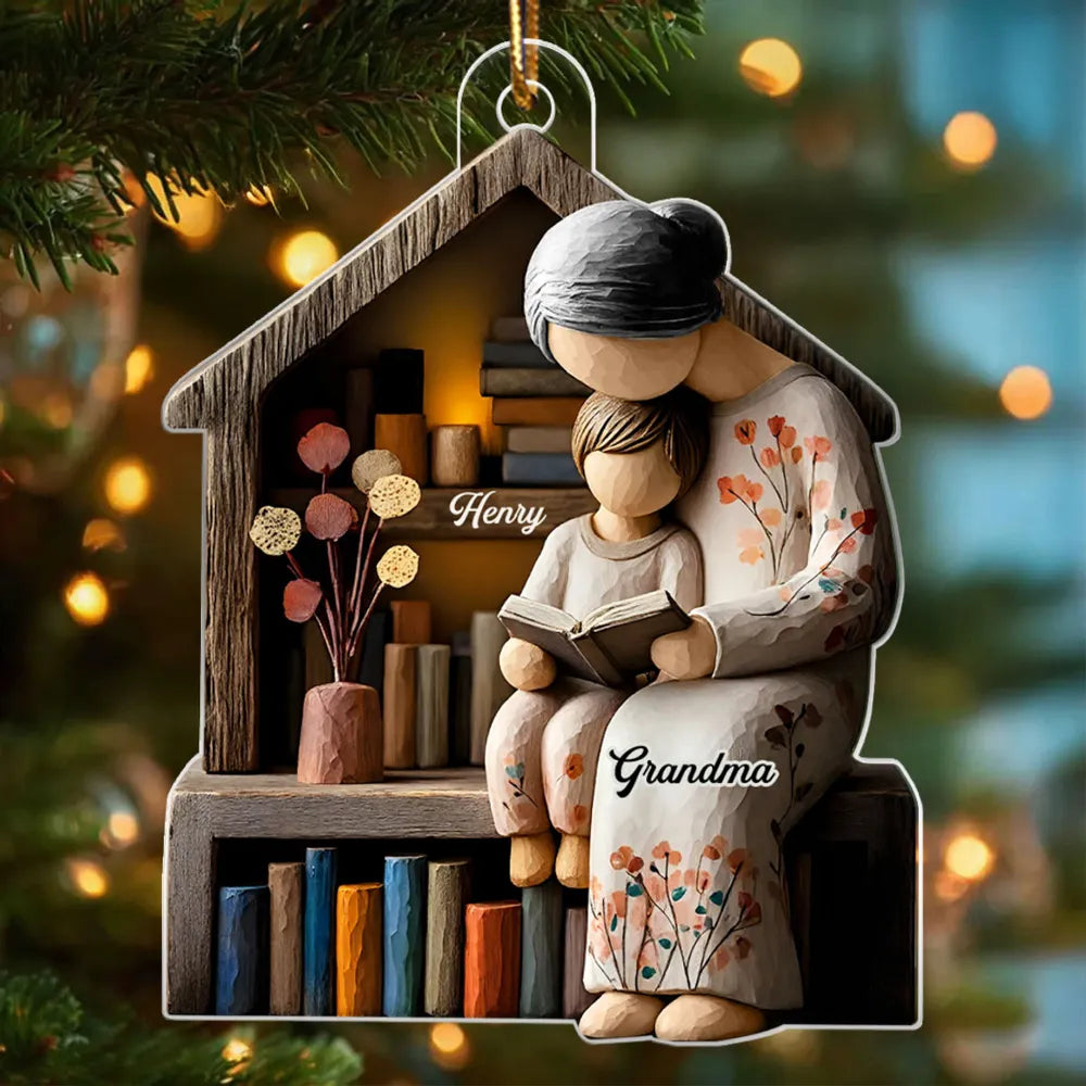 Acrylic Ornament Personalized for Grandma, Sweet Storytime Scene With Books and Warm Lights, Unique Holiday Keepsake Gift