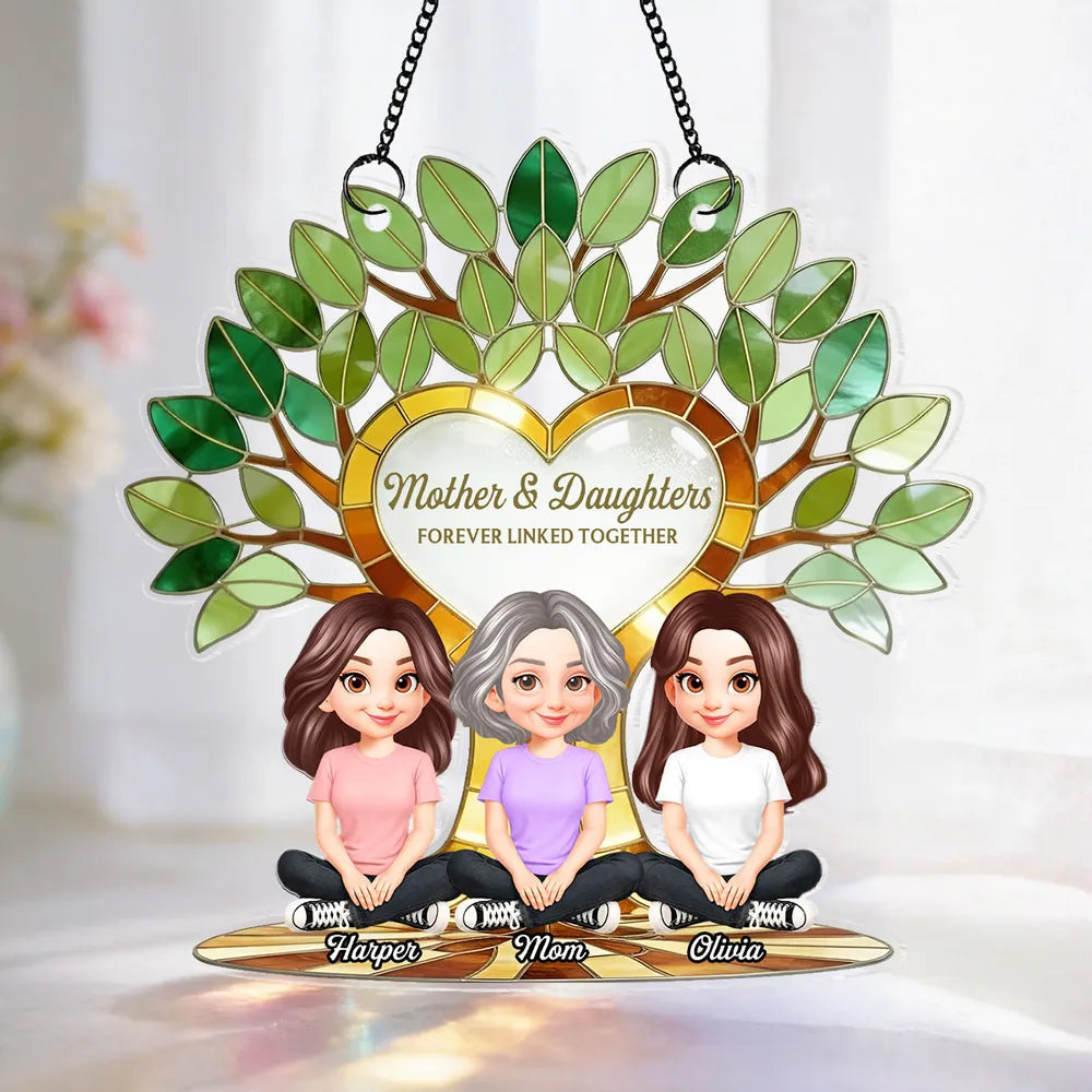 Acrylic Suncatcher Ornament with Mother and Daughters Forever Linked Together - Personalized Sunlit Window Gift for Mom
