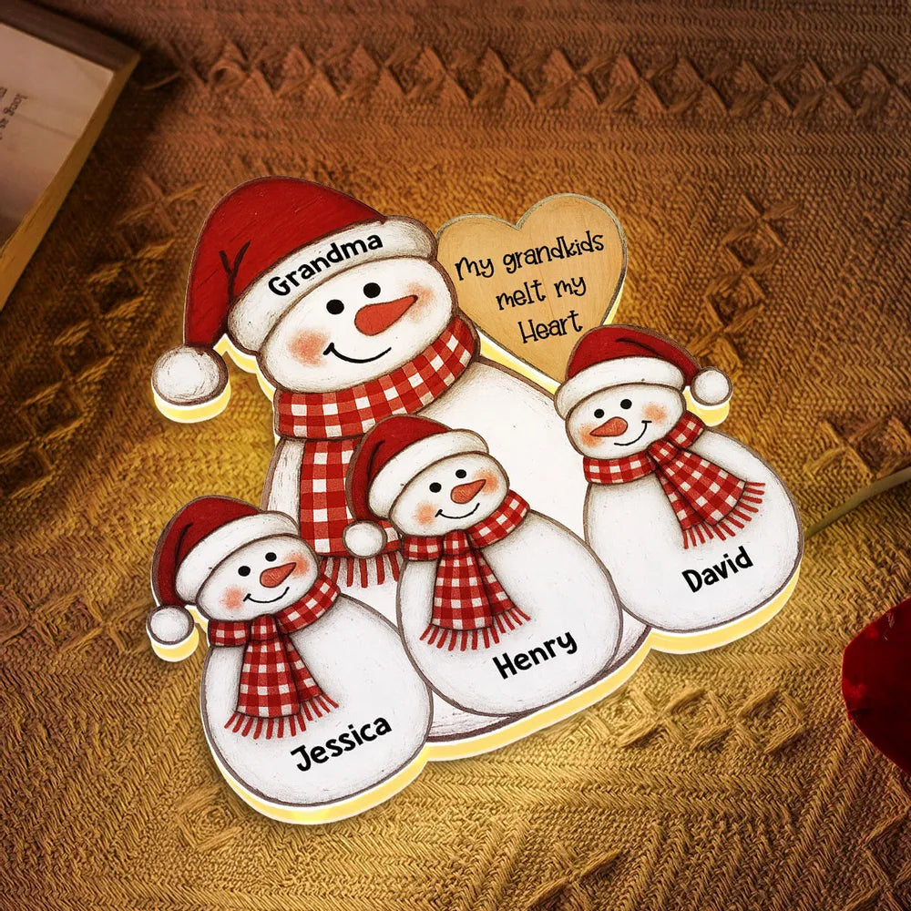 Acrylic Light Box Snowman Grandma & Grandkids, Christmas folk art, warm glow, unique gift for Grandma