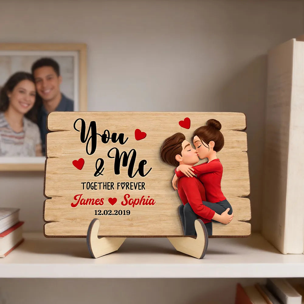 Personalized You & Me 2-Layer Wooden Plaque for Couple, Kissing Hug Design, Sweet Heart Gift for Him or Her