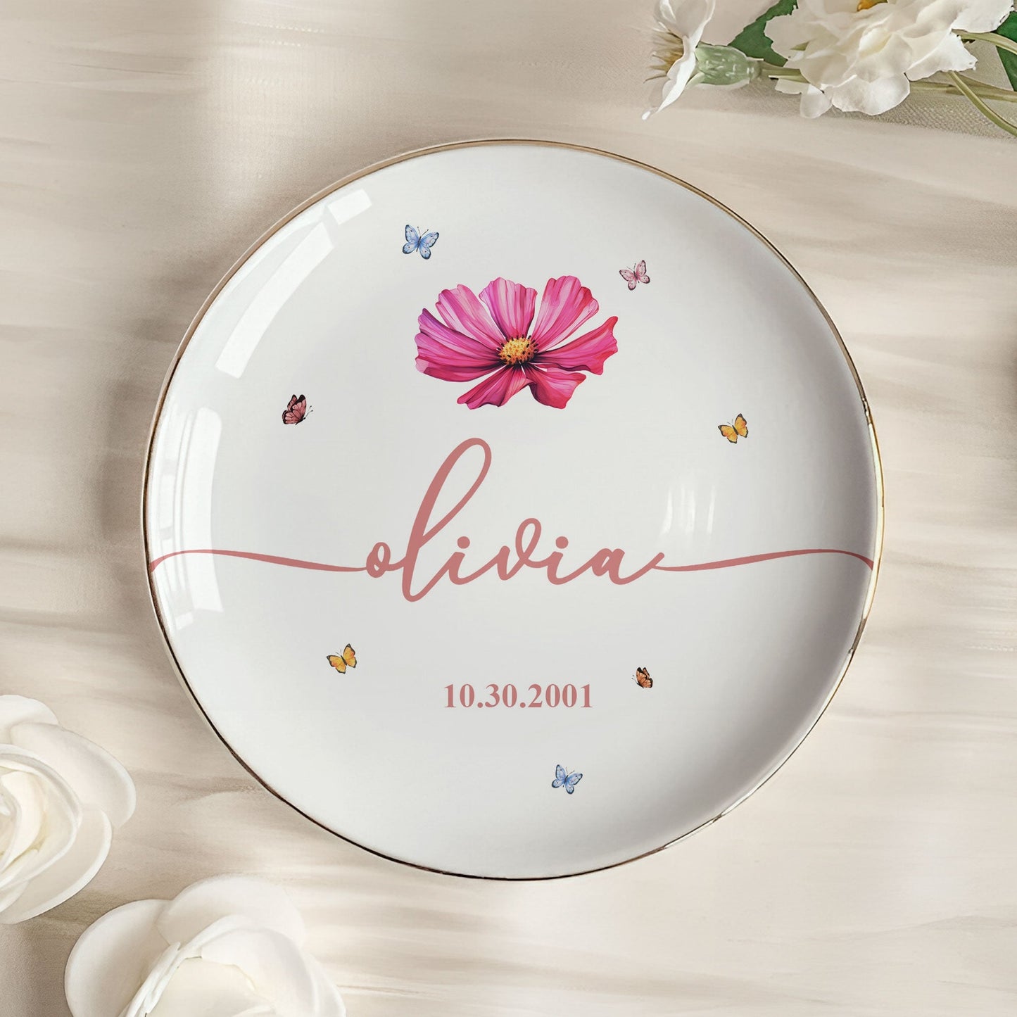 Custom Floral Jewelry Dish with Elegant Accents, Personalized Gift