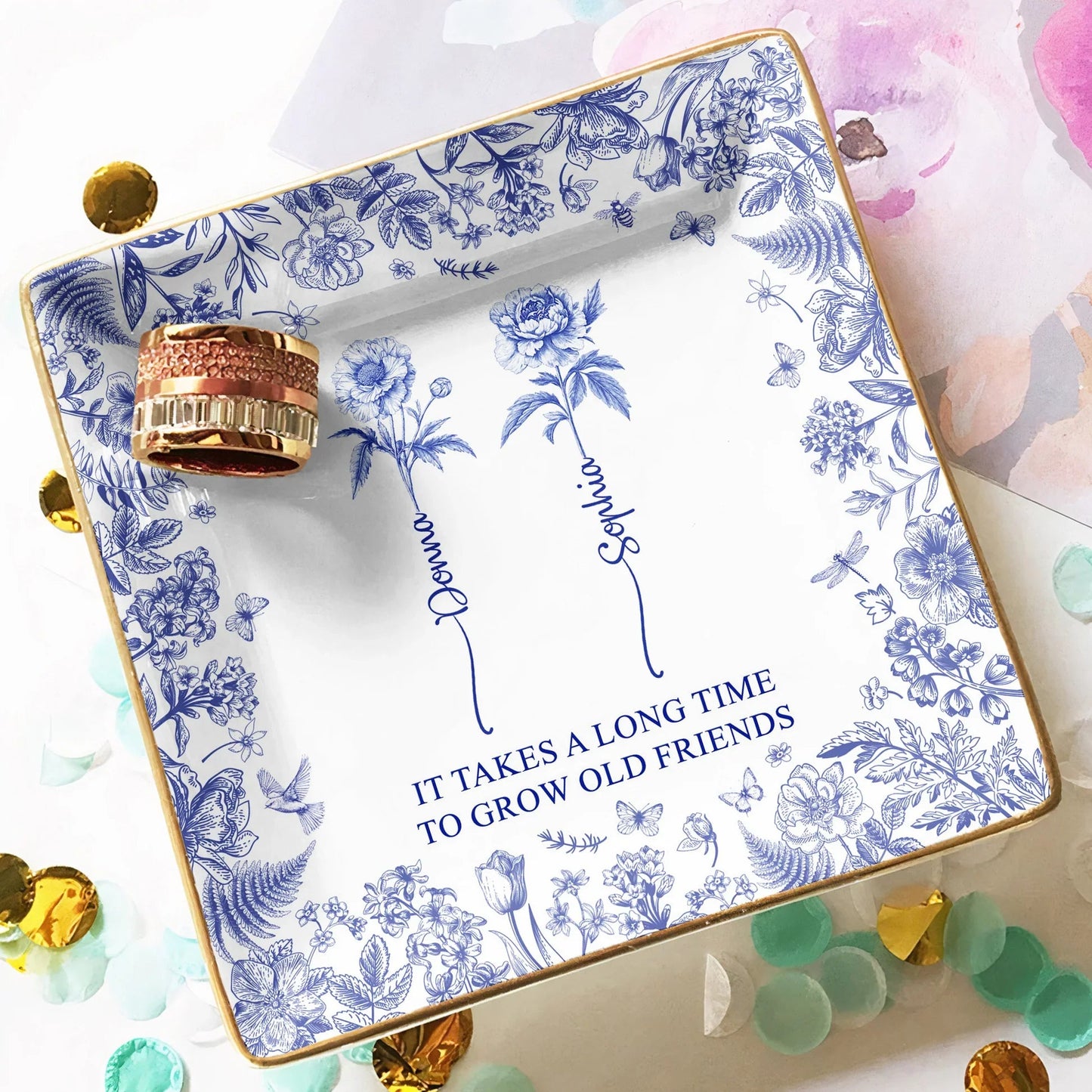"It Takes a Long Time to Grow Old Friends" Personalized Jewelry Dish – Custom Gift for Friends and Sisters
