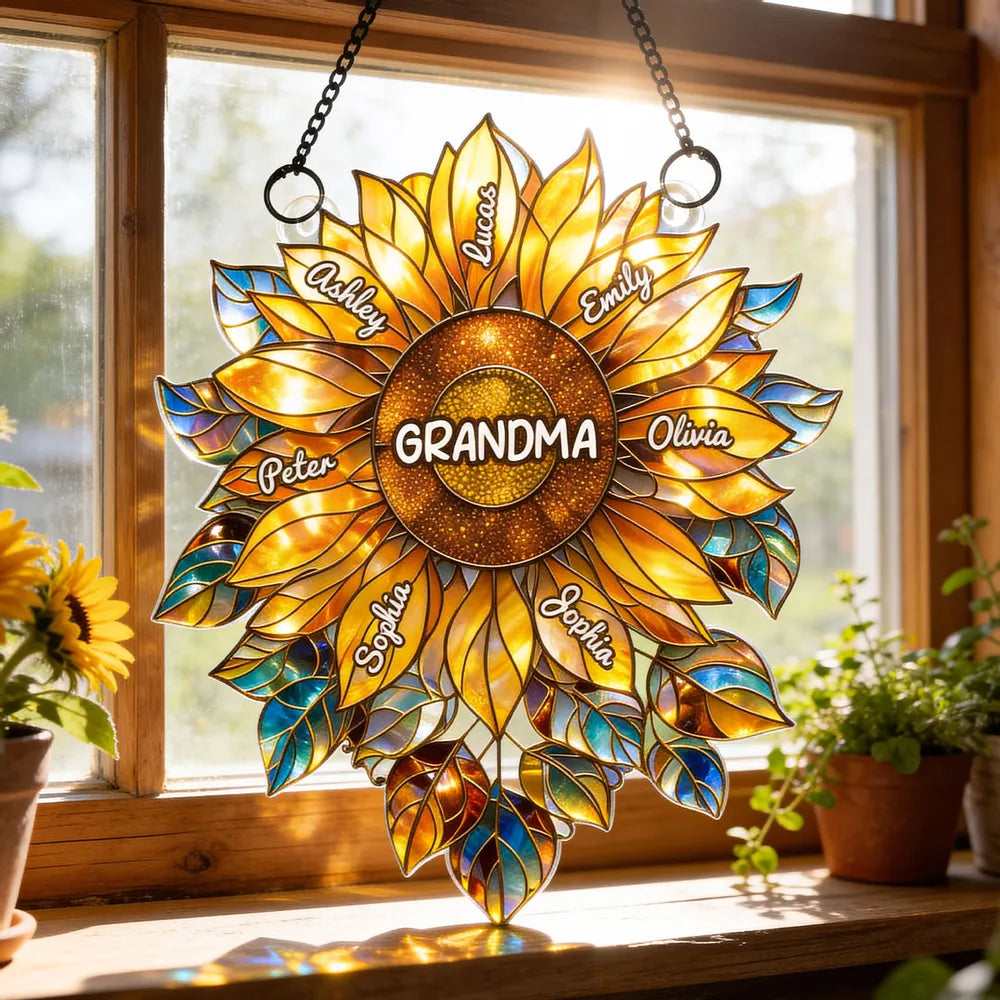 Custom Sunflower "Grandma's Love Bugs" Suncatcher - Personalized Window Art with Names for Grandma, Nana & Gigi - Unique Mother's Day or Birthday Gift