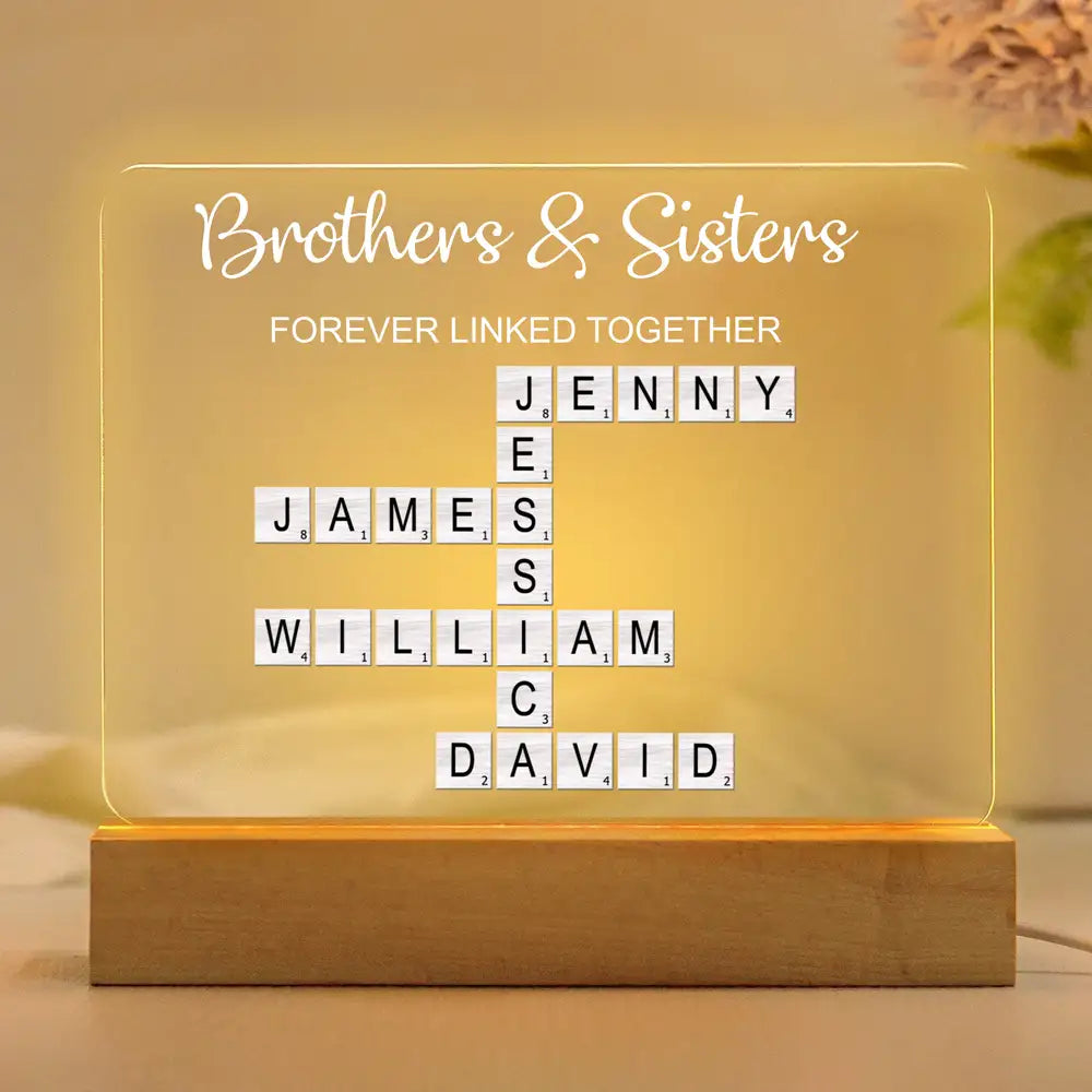 LED Light Plaque – Brothers & Sisters Crossword Names, “Forever Linked Together” Personalized Sibling Gift
