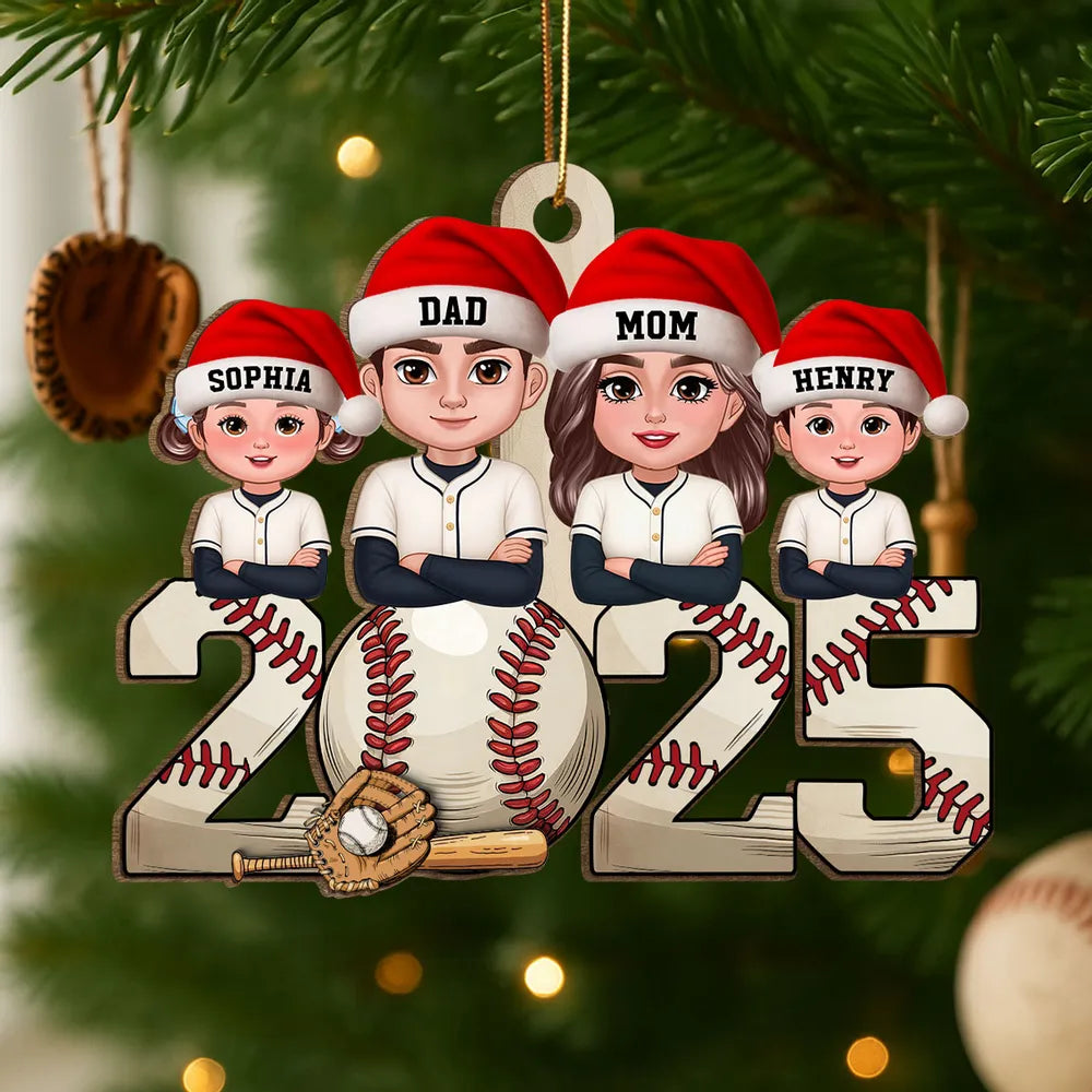Wooden Baseball Ornament with Cartoon Family Design, Cozy Holiday Décor and Thoughtful Gift for Loved Ones