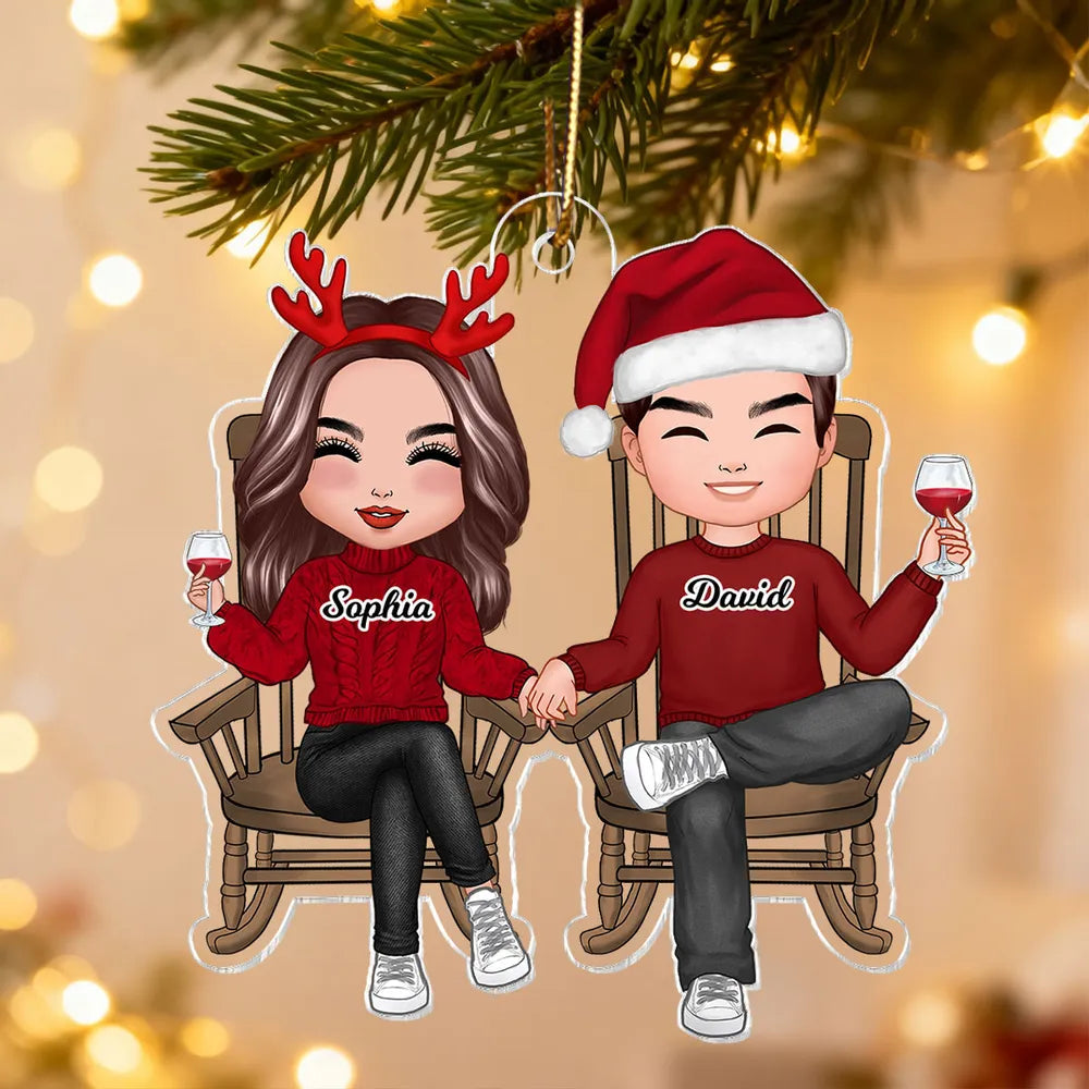 Personalized Couple Acrylic Car Hanger, Cute Sitting Together Christmas Mirror Decor, Unique Gift for Him or Her