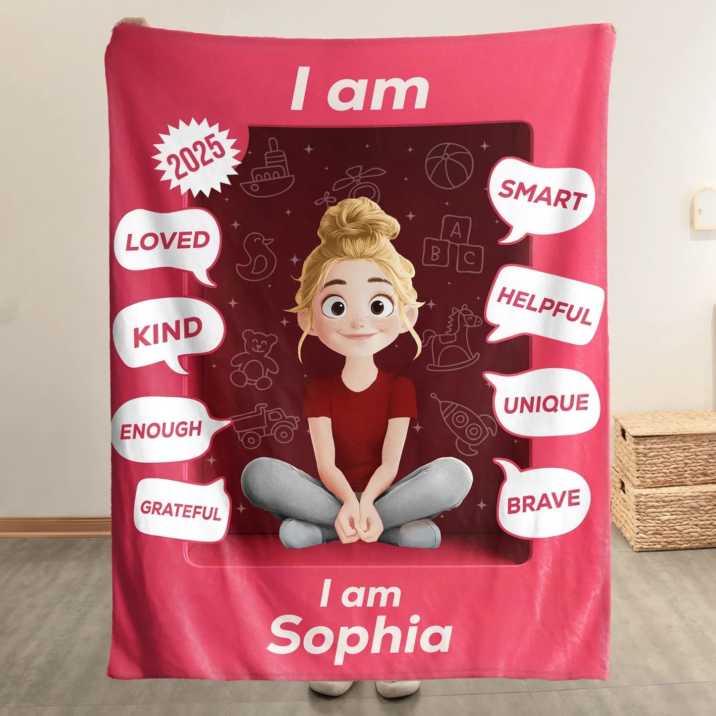 Personalized Kid Affirmation Blanket with Cute Cartoon Girl – I Am Loved, Kind, Brave – Uplifting Unique Gift for Daughters & Little Girls
