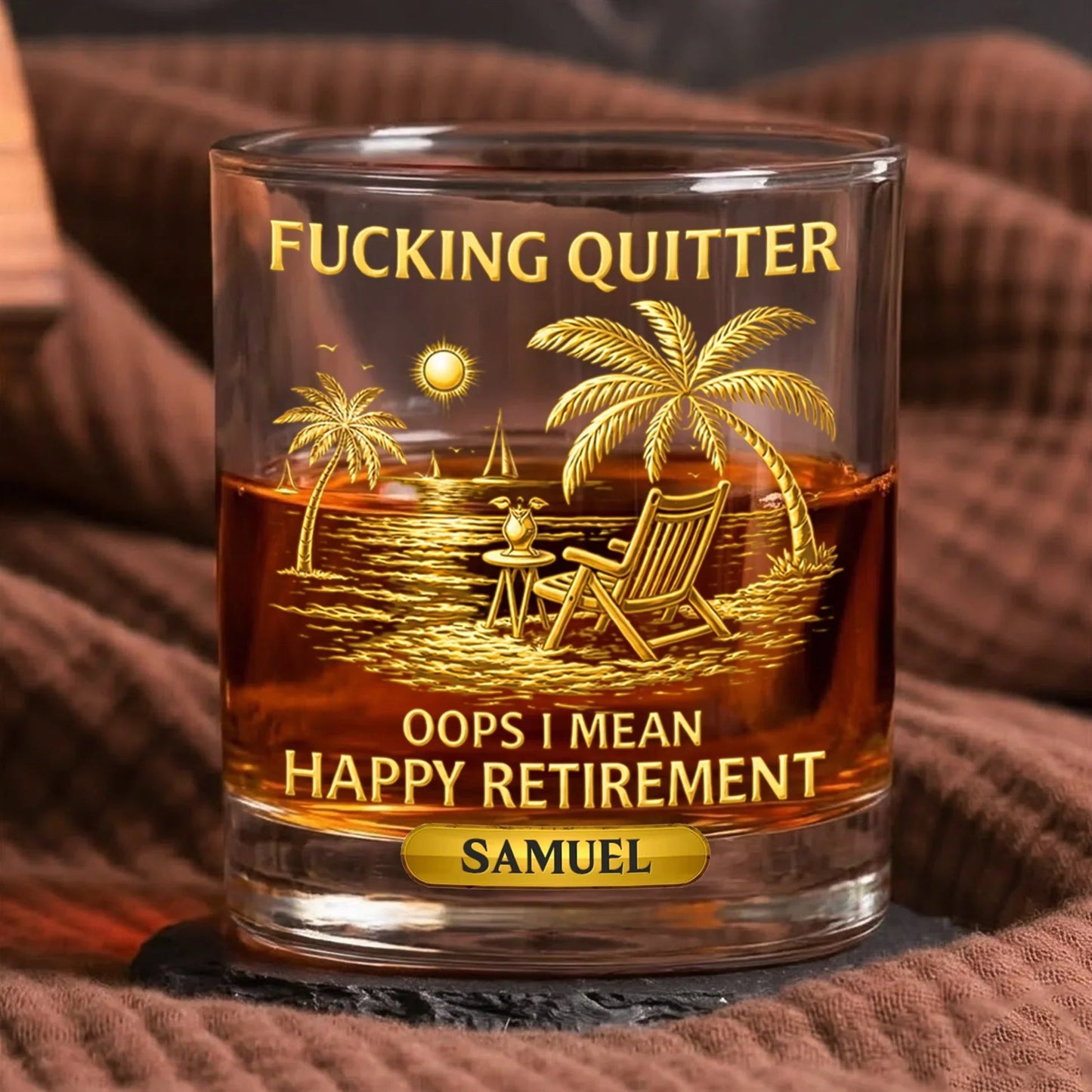 Funny Happy Retirement Whiskey Glass, Personalized Name Gift with Beach Chair Sunset Design - A Classy Bar Keepsake