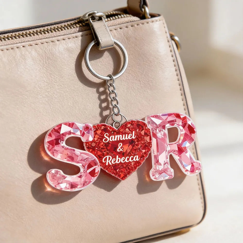 Personalized Heart Keychain with Initials and Names, Romantic Red Sparkle Anniversary Gift for Couples