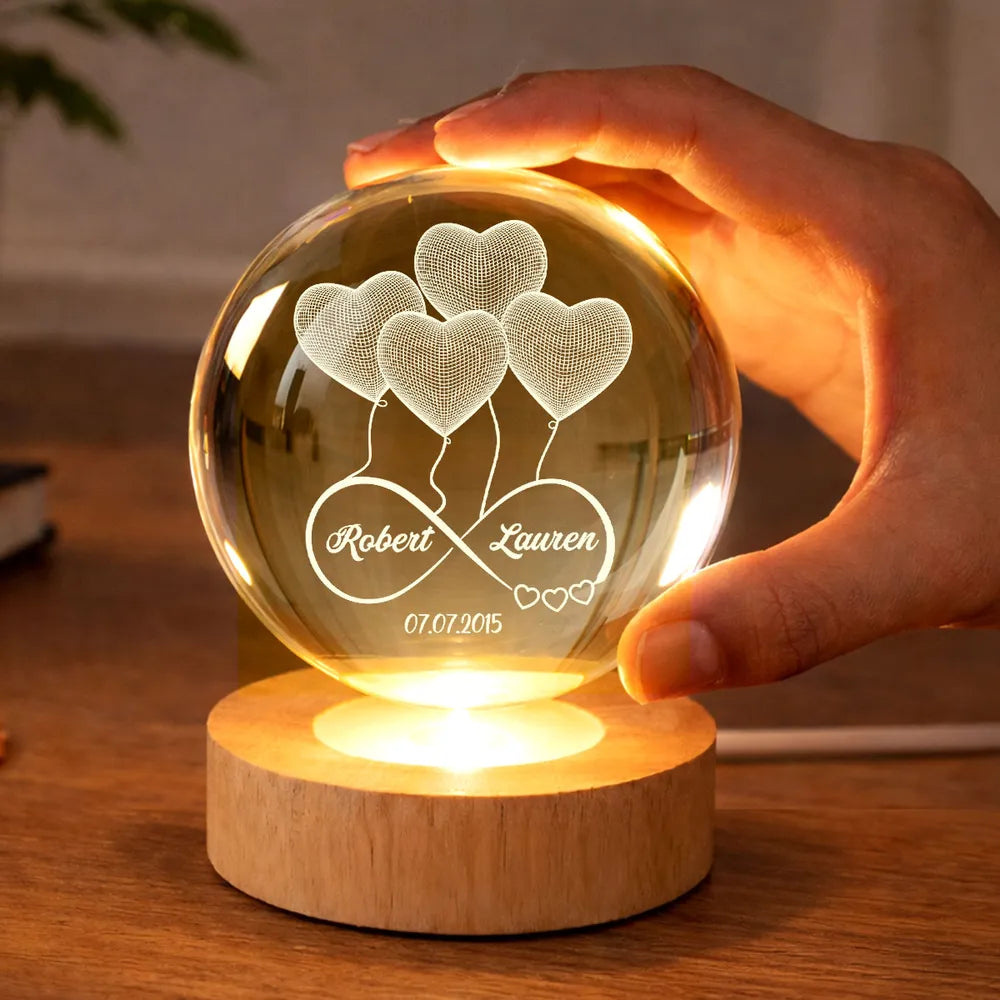 Personalized Crystal Ball LED Night Light Infinity Heart Balloon Couple Night Light, Romantic Bedroom Decor, Unique Gift for Her or Him