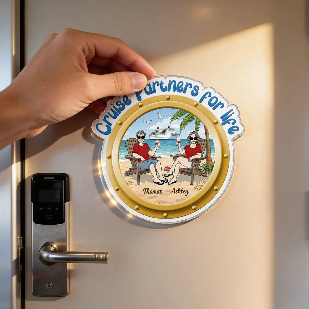 Personalized Cruise Partners For Life Acrylic Magnet, Beach Couple Toasting Porthole Design, Unique Gift for Couples