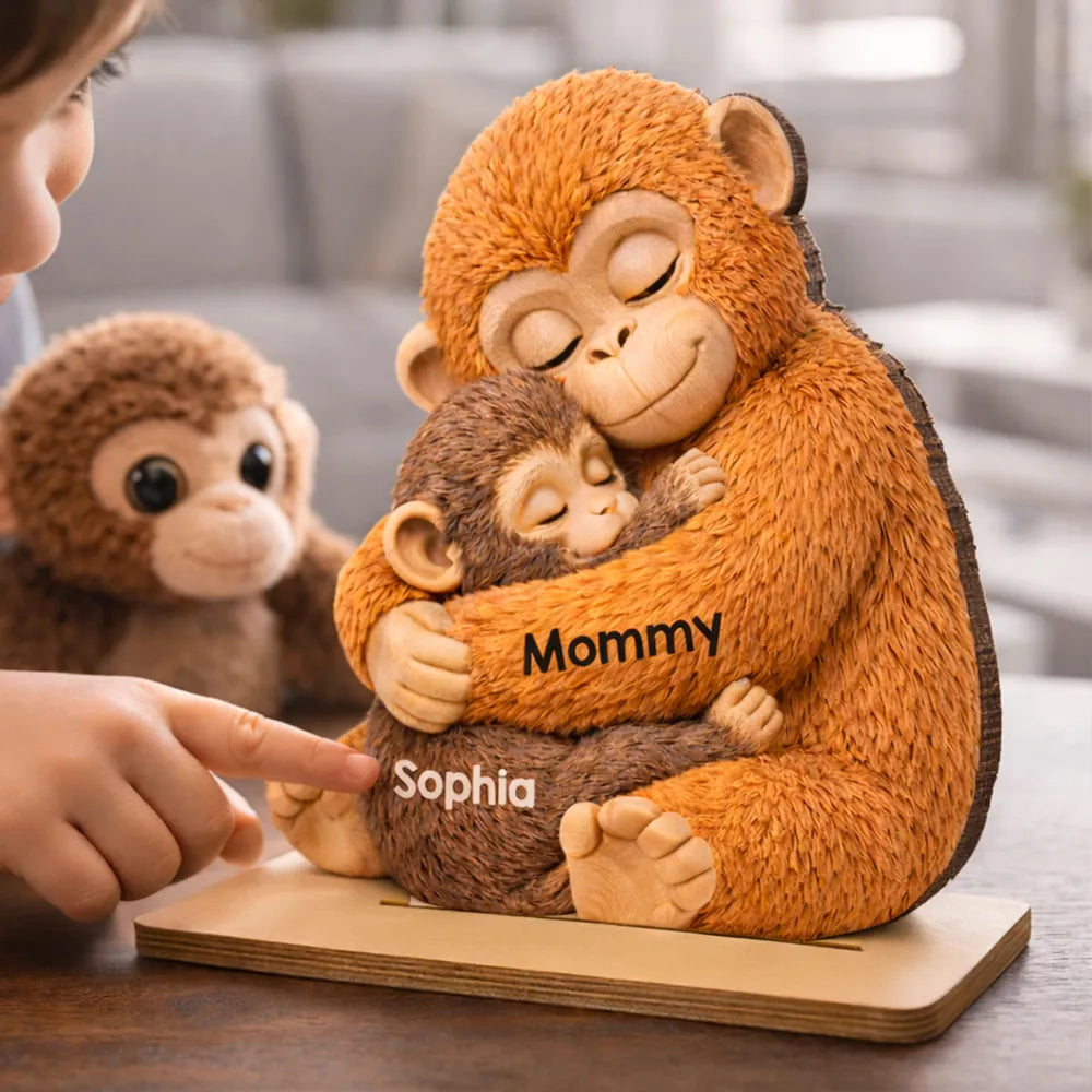 Personalized 2-Layer Wooden Plaque with Hugging Mom Monkey and Babies - Unique Mother's Day Gift for Mom