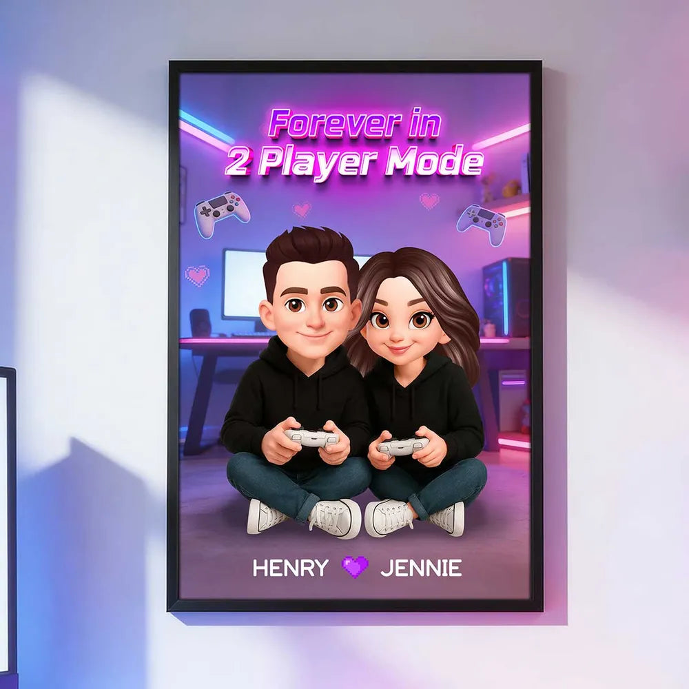 Personalized Gamer Couple Poster Forever in 2 Player Mode Neon Game Room Wall Art Unique Gift for Him or Her