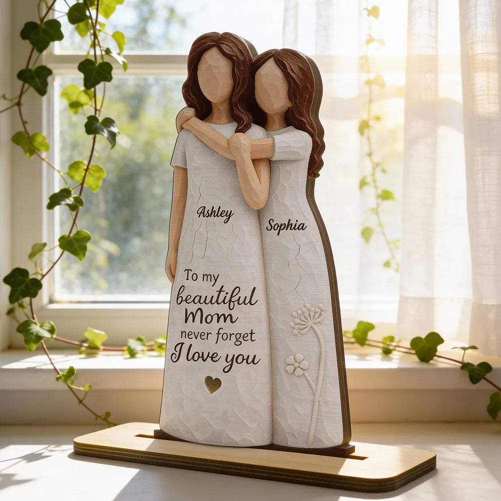 2-Layer Wooden Plaque Personalized for Mom, Sweet Mom and Daughter Hug Decor, Unique Gift With 'Never Forget I Love You'