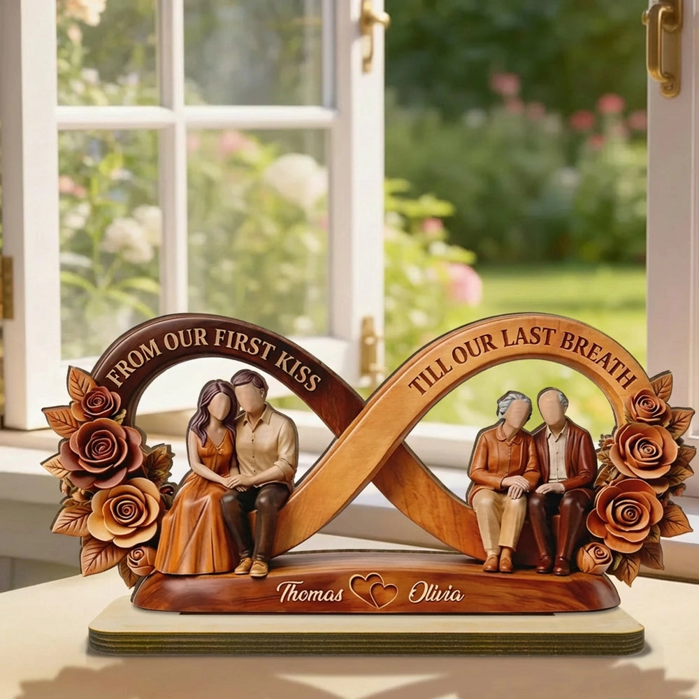 Personalized 2-Layer Wooden Plaque Infinity Couple With Roses, From Our First Kiss Quote, Unique Anniversary Gift For Him & Her