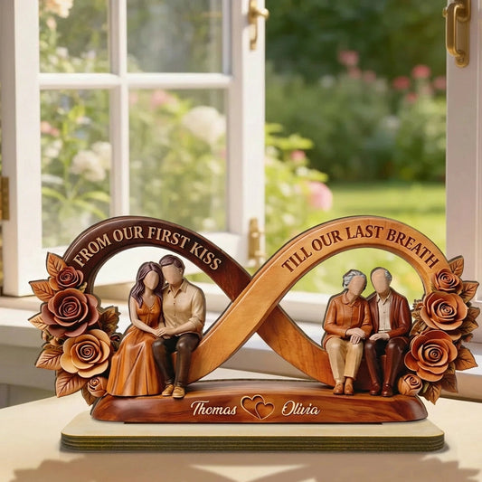 Personalized 2-Layer Wooden Plaque Infinity Couple With Roses, From Our First Kiss Quote, Unique Anniversary Gift For Him & Her