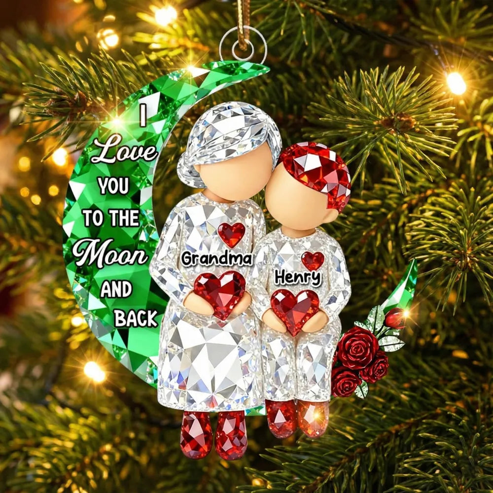 Acrylic Ornament Personalized Grandma and Grandkid Moon Hug Scene I Love You to the Moon and Back Sweet Holiday Gift