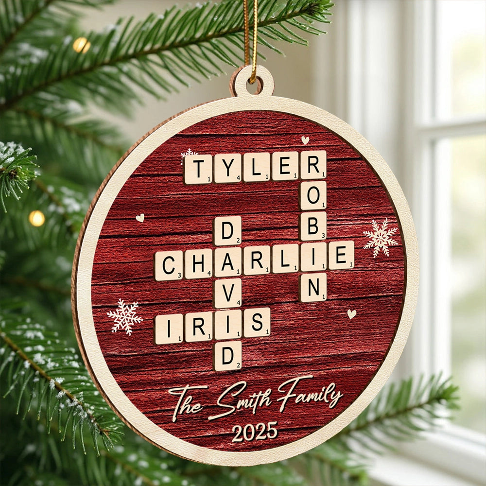 Family 2-Layer Wooden Ornament – Personalized Crossword Puzzle Design, Clear and Collectible Holiday Gift
