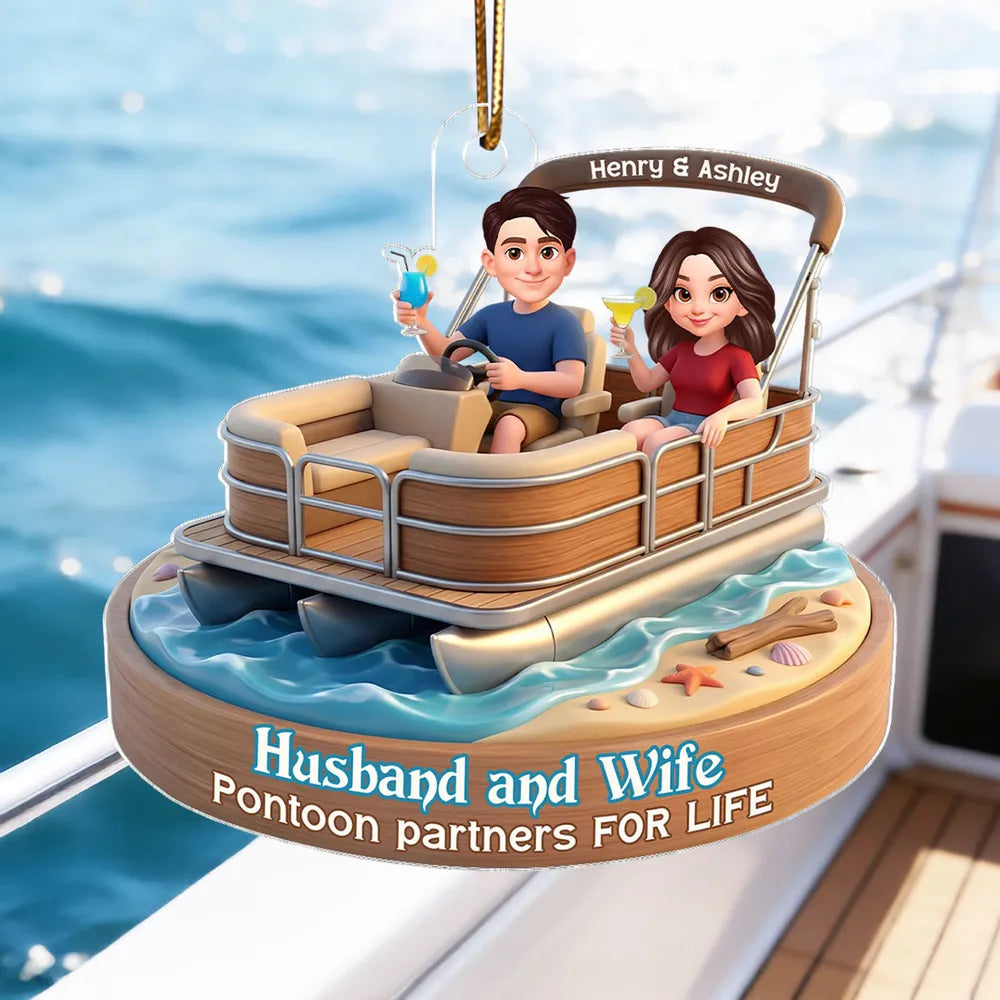Personalized Acrylic Car Hanger Pontoon Couple Cute Cartoon Boat Decor, Unique Gift for Husband & Wife