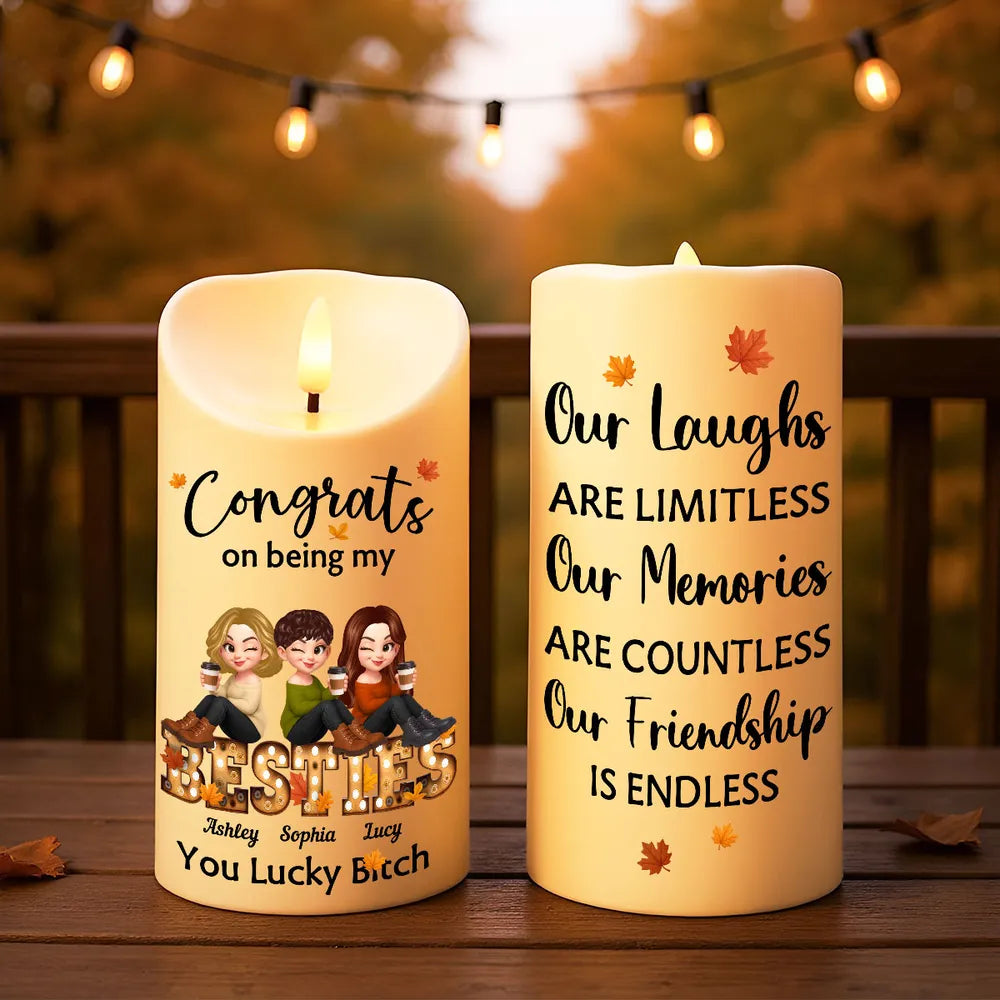 Flameless LED Candle with Besties Design, Cozy Autumn Ambience Light, Gift-Ready Keepsake for Friendship