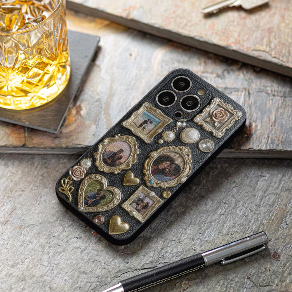 Couple Photo Frame Unique Gift - Personalized Couple Leather Phone Case