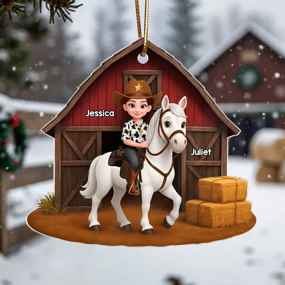 Acrylic Ornament, Cowgirl Riding Horse at Red Barn, Custom Farm Scene, a unique gift for Horse Lovers & Kids